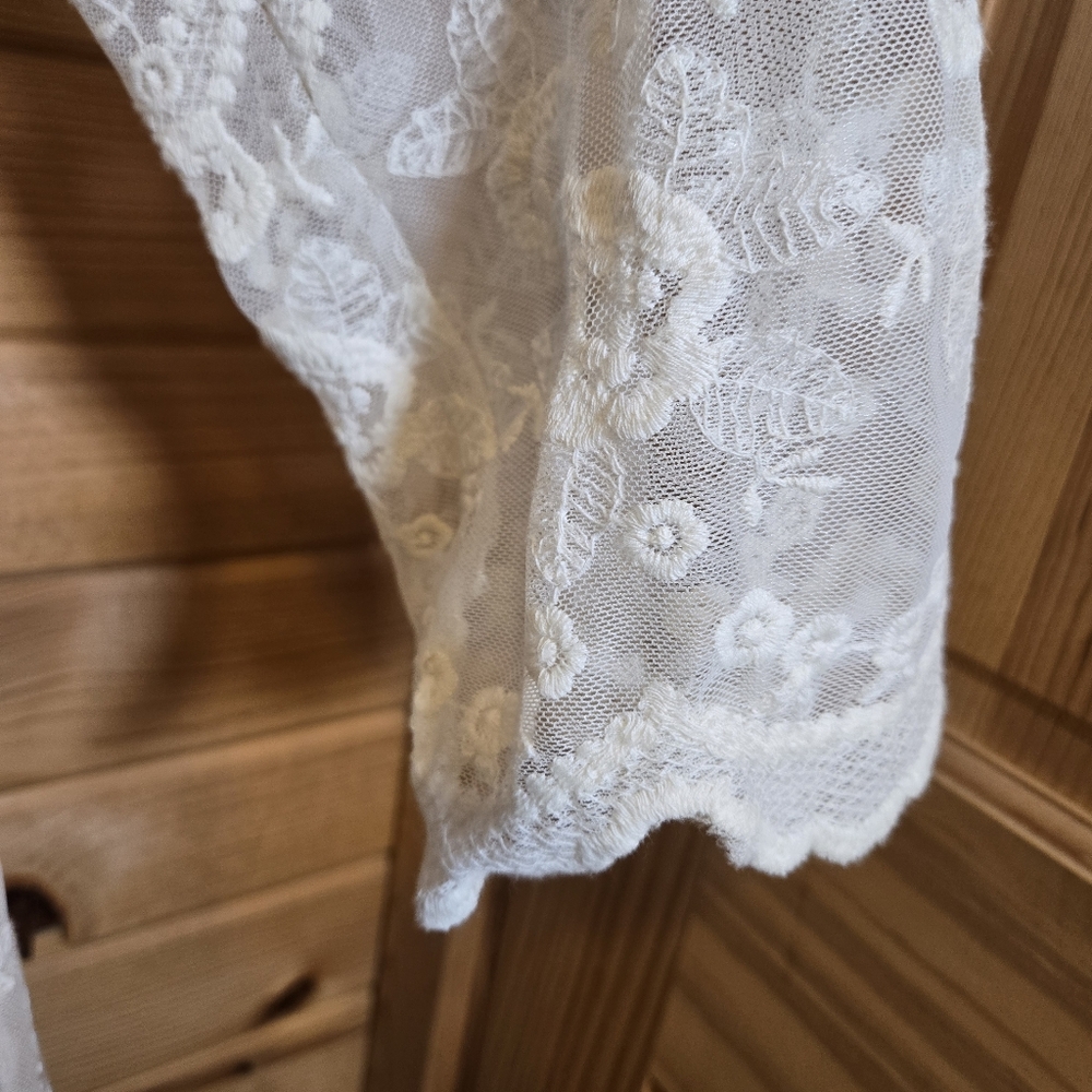 Sheer Lace Top Floral Cream Ivory Embroidered Coquette Cottage Fairy Boho M/L - Picture 5 of 6